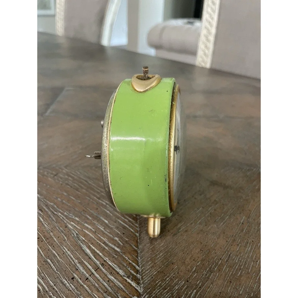 Vintage Vityaz USSR Mechanical Alarm Clock Metal Green Wind Up Works